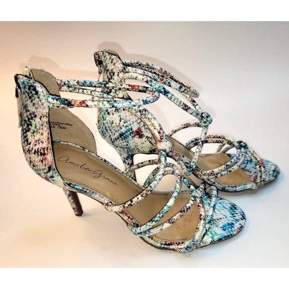Amelia Grace Melissa Snake Skin Print Multi Color Rope Straps Zipper Heel 3.5 in - Picture 5 of 12
